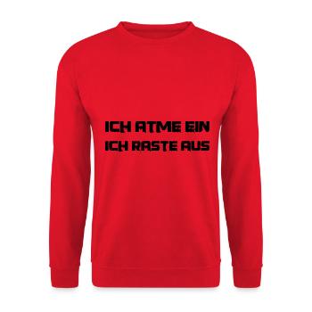 Spruch zur Selbstbeherrschung: einatmen ausrasten - Unisex Pullover - Rot - Vorne - Alina (178cm) & Michal (187cm)