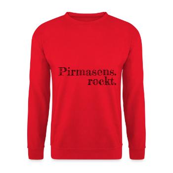 Pirmasens rockt - Textdesign mit Stadtnamen - Unisex Pullover - Rot - Vorne - Alina (178cm) & Michal (187cm)