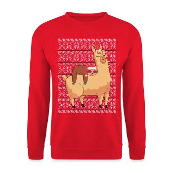 Ugly Christmas Sweater Sloth with Alpaca - Unisex Sweatshirt - red - Front - Alina (178cm) & Michal (187cm)