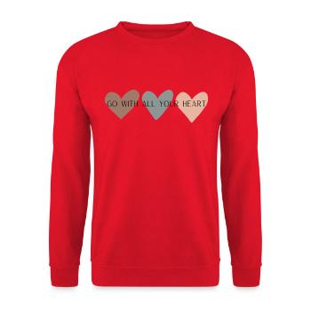 Drei Herzen, Spruch "go with all your heart" - Unisex Pullover - Rot - Vorne - Alina (178cm) & Michal (187cm)