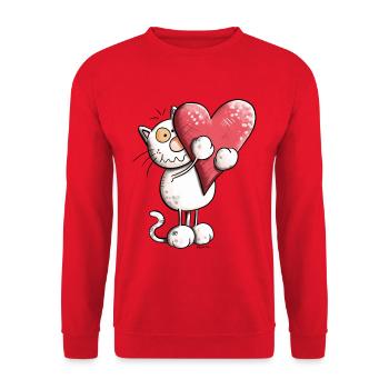 Katze mit Herz - Unisex Pullover - Rot - Vorne - Alina (178cm) & Michal (187cm)