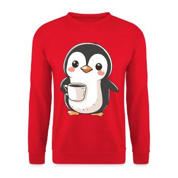 Pingouin mignon tenant une tasse à café - Design adorable - Sweat-shirt Unisexe - rouge - Devant - Alina (178cm) & Michal (187cm)