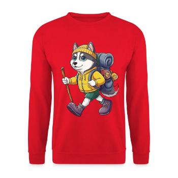 Süßer Husky-Hund Wandern Camping Abenteuer Rucksacktourist - Unisex Pullover - Rot - Vorne - Alina (178cm) & Michal (187cm)