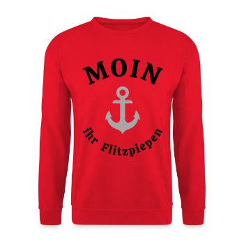 Moin ihr Flitzpiepen Schrift lustig Anker - Unisex Pullover - Rot - Vorne - Alina (178cm) & Michal (187cm)
