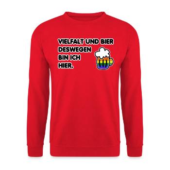 Vielfalt und Bier deswegen bin ich hier Spruch Spr - Unisex Pullover - Rot - Vorne - Alina (178cm) & Michal (187cm)
