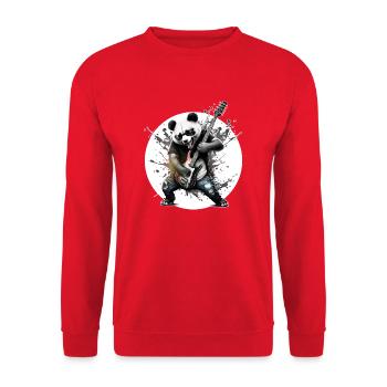 Panda spielt Rockmusik auf der Gitarre, lustiges Tier. - Unisex Pullover - Rot - Vorne - Alina (178cm) & Michal (187cm)