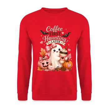 Lustiger Spruch Kaffee und Halloween - Unisex Pullover - Rot - Vorne - Alina (178cm) & Michal (187cm)