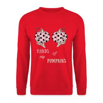 Hands Off My Pumpkins – Rosa Halloween-Kürbisse - Unisex Pullover - Rot - Vorne - Alina (178cm) & Michal (187cm)