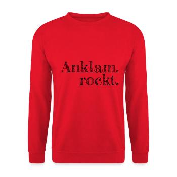 Anklam rockt - Textdesign mit Stadtnamen - Unisex Pullover - Rot - Vorne - Alina (178cm) & Michal (187cm)