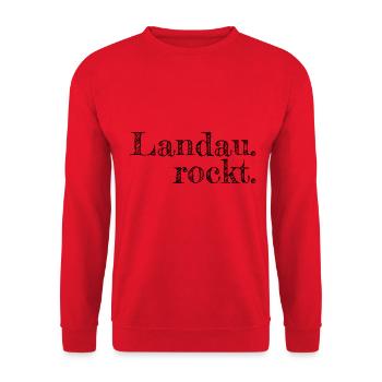Landau rockt - Textdesign mit Stadtnamen - Unisex Pullover - Rot - Vorne - Alina (178cm) & Michal (187cm)