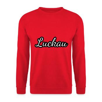 Luckau - Textdesign mit Stadtnamen - Unisex Pullover - Rot - Vorne - Alina (178cm) & Michal (187cm)