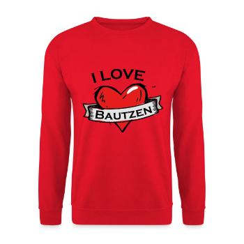 Bautzen - Ich liebe Stadtnamen in Tattoo Stil - Unisex Pullover - Rot - Vorne - Alina (178cm) & Michal (187cm)