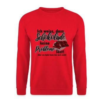 Schokolade löst keine Probleme lustiger Spruch - Unisex Pullover - Rot - Vorne - Alina (178cm) & Michal (187cm)