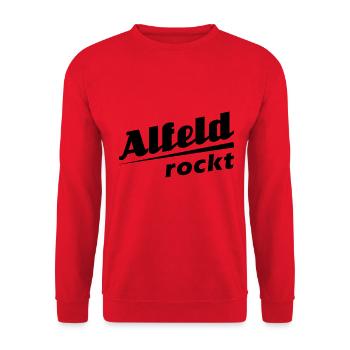 Alfeld rockt - Textdesign mit Stadtnamen - Unisex Pullover - Rot - Vorne - Alina (178cm) & Michal (187cm)