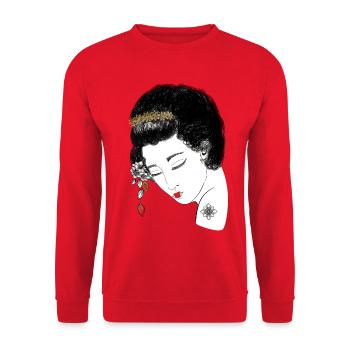 Japan Geisha , Blütenkrone Porträt in Gold,  - Unisex Pullover - Rot - Vorne - Alina (178cm) & Michal (187cm)