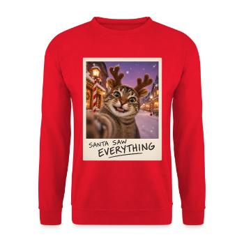 Santa Saw Everything Katze Selfie - Unisex Pullover - Rot - Vorne - Alina (178cm) & Michal (187cm)