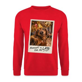 Midnight Is Late For Me Dackel Selfie Silvester - Unisex Pullover - Rot - Vorne - Alina (178cm) & Michal (187cm)