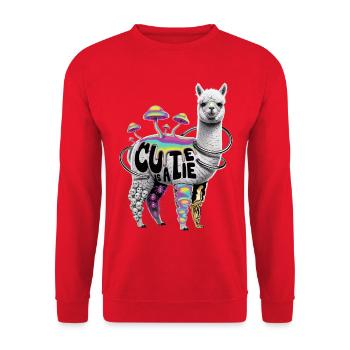 Skurriles Alpaka mit psychedelischen Pilzen - Unisex Pullover - Rot - Vorne - Alina (178cm) & Michal (187cm)