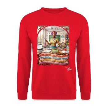 Heuschrecke JOGUE Lehrerin in 4 Sprachen Pop Art - Unisex Pullover - Rot - Vorne - Alina (178cm) & Michal (187cm)