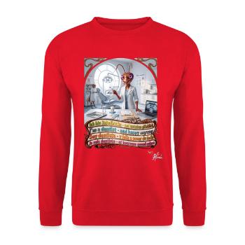 Heuschrecke JOGUE Zahnärztin in 4 Sprachen Pop Art - Unisex Pullover - Rot - Vorne - Alina (178cm) & Michal (187cm)