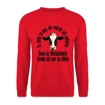 Denke ich an Kühe - Unisex Pullover - Rot - Vorne - Alina (178cm) & Michal (187cm)