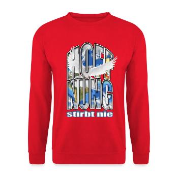 Weltkarte Taube Hoffnung stirbt nie - Unisex Pullover - Rot - Vorne - Alina (178cm) & Michal (187cm)