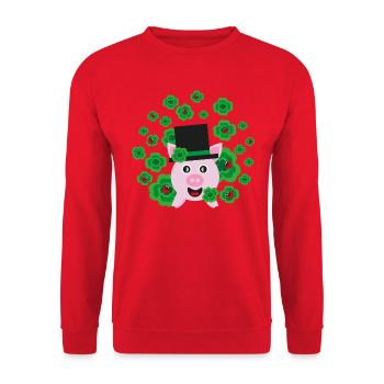 Neujahrs Party mit viel Klee und Glücksschwein. - Unisex Pullover - Rot - Vorne - Alina (178cm) & Michal (187cm)