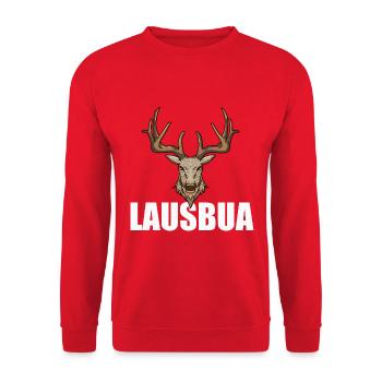 Lausbua Hirsch Lederhosen - Unisex Pullover - Rot - Vorne - Alina (178cm) & Michal (187cm)