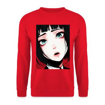 Manga-Porträt: Blauer Blick, Roter Akzent - Unisex Pullover - Rot - Vorne - Alina (178cm) & Michal (187cm)