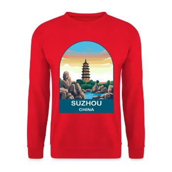 Suzhou China Classical Garden Vintage Travel Art - Unisex Sweatshirt - red - Front - Alina (178cm) & Michal (187cm)