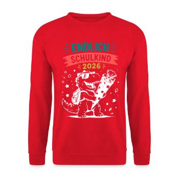Endlich Schulkind 2026 Dino - Unisex Pullover - Rot - Vorne - Alina (178cm) & Michal (187cm)