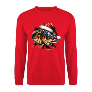 Festlicher Karpfen mit Weihnachtsmütze - Unisex Pullover - Rot - Vorne - Alina (178cm) & Michal (187cm)