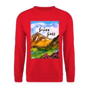 EG Berge I Grüss Gott I wandern hiking I Aquarell - Unisex Pullover - Rot - Vorne - Alina (178cm) & Michal (187cm)