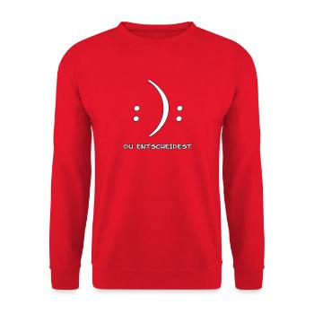 Du entscheidest Glücklich oder Unglücklich Witz - Unisex Pullover - Rot - Vorne - Alina (178cm) & Michal (187cm)