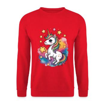 Bunter Einhorn mit Sternen und Regenbogen - Unisex Pullover - Rot - Vorne - Alina (178cm) & Michal (187cm)