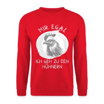 Mir egal Ich geh zu den Hühnern Spruch - Unisex Pullover - Rot - Vorne - Alina (178cm) & Michal (187cm)