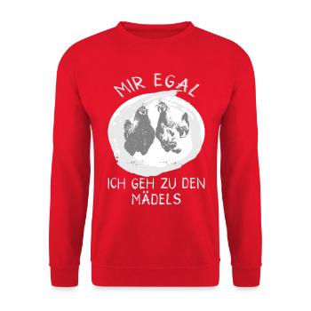 MIR EGAL ICH GEH ZU DEN MÄDELS Hühner - Unisex Pullover - Rot - Vorne - Alina (178cm) & Michal (187cm)