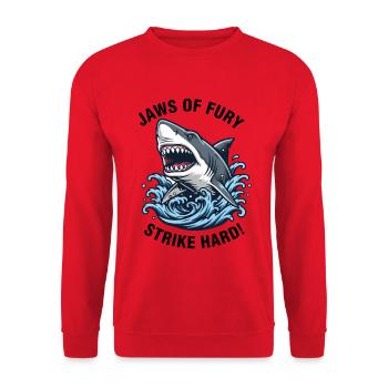 Jaws of Fury Weißer Hai greift an - Unisex Pullover - Rot - Vorne - Alina (178cm) & Michal (187cm)
