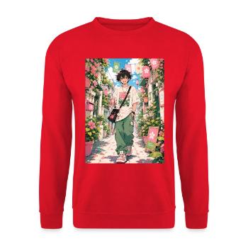 Frühlingsspaziergang durch die Blumengasse - Unisex Pullover - Rot - Vorne - Alina (178cm) & Michal (187cm)
