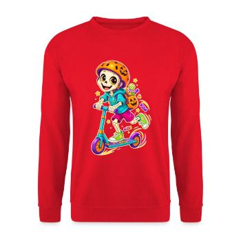 Halloween-Skelett auf Scooter - Unisex Pullover - Rot - Vorne - Alina (178cm) & Michal (187cm)
