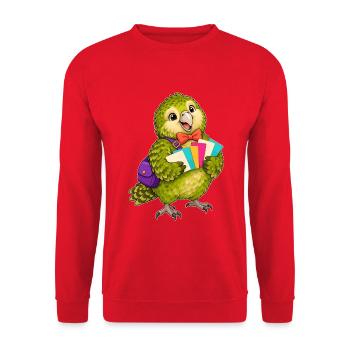 Grüner Papagei mit bunten Karten - Unisex Pullover - Rot - Vorne - Alina (178cm) & Michal (187cm)
