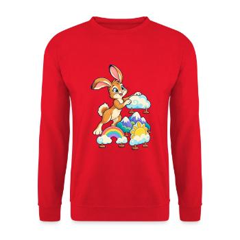 Fröhlicher Hase über Regenbogenlandschaft - Unisex Pullover - Rot - Vorne - Alina (178cm) & Michal (187cm)
