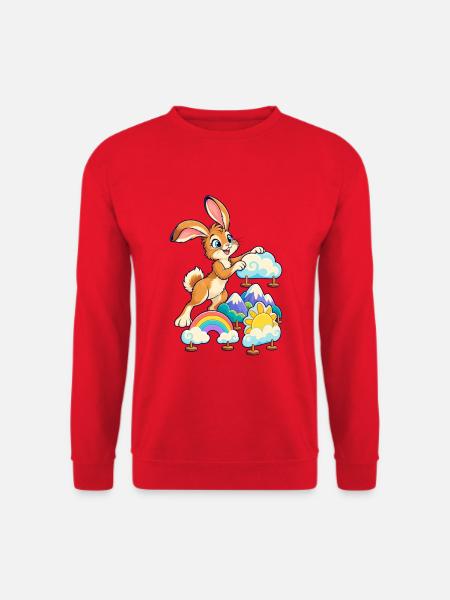 Fröhlicher Hase über Regenbogenlandschaft - Unisex Pullover - Rot