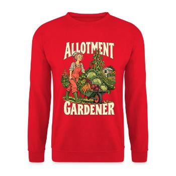 Ein Latzhosen mit einer Schubkarre voller Gemüse - Unisex Pullover - Rot - Vorne - Alina (178cm) & Michal (187cm)
