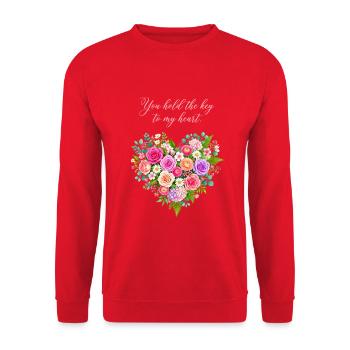 Floraler Schlüssel zum Herzen - Unisex Pullover - Rot - Vorne - Alina (178cm) & Michal (187cm)