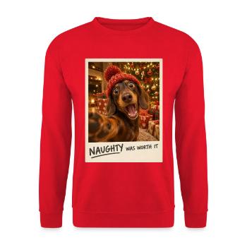 Naughty Was Worth It Dackel Selfie Weihnachten - Unisex Pullover - Rot - Vorne - Alina (178cm) & Michal (187cm)