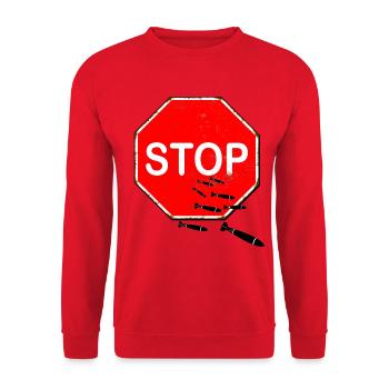 stop bombs - stoppt die Bombenangriffe - Peace - Unisex Pullover - Rot - Vorne - Alina (178cm) & Michal (187cm)