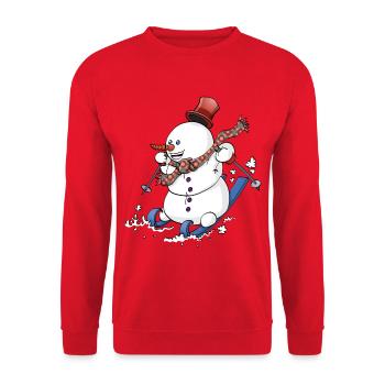 Fröhlicher Schneemann auf Skiern mit roter Mütze. - Unisex Pullover - Rot - Vorne - Alina (178cm) & Michal (187cm)