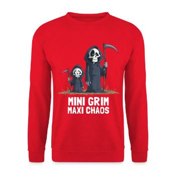 Kleiner Grim – Der Sensenmann des Chaos - Unisex Pullover - Rot - Vorne - Alina (178cm) & Michal (187cm)