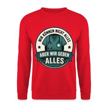 Wir geben alles Mediziner Badge - Unisex Pullover - Rot - Vorne - Alina (178cm) & Michal (187cm)